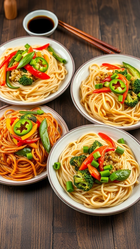 Three plates of colorful noodle dish with rice, egg, and soba noodles topped with vegetables on a wooden table.